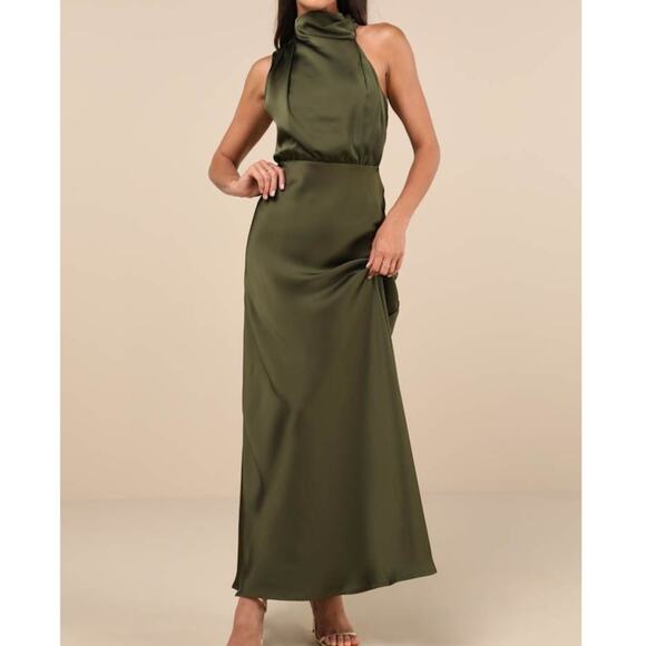 Lulus NWT Distinctive Charm Olive Green Satin Asymmetrical A-Line Maxi Dress - Picture 1 of 11